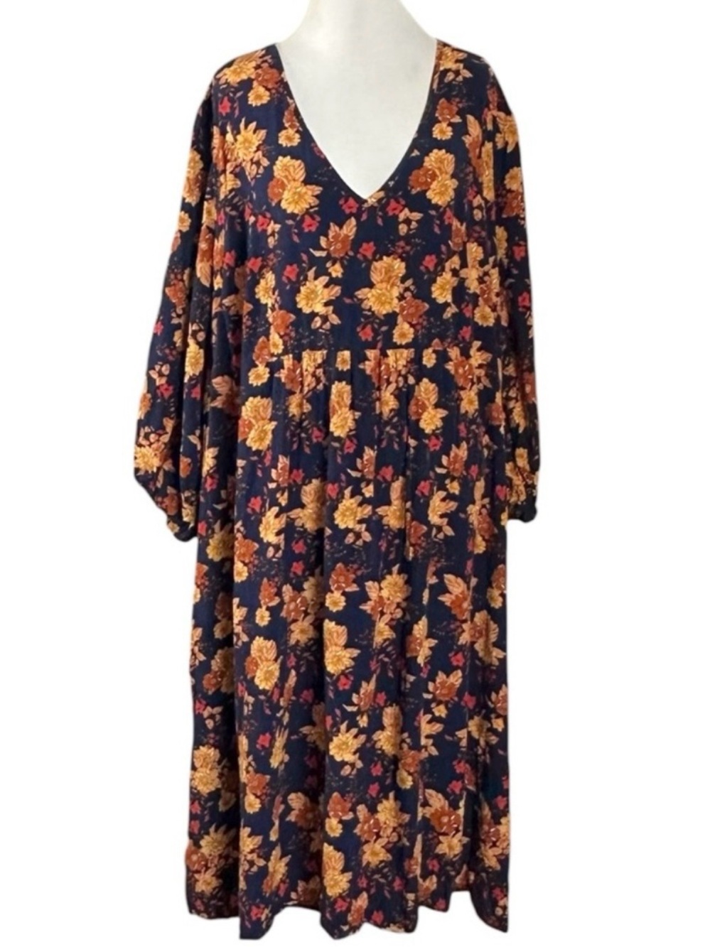 BloomChic Bohemian Loose Fit Navy Floral Fall Midi Dress Plus Size 22 24 2X